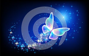 Magic butterfly with sparkle trail flying in night sky among glowing stars in cosmic space. Animal protection day concept