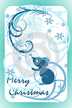 Magic card for the New Year holiday. Wonderful blue mouse, snow and frosty drawing on the windows. Text Merry Christmas. Vector