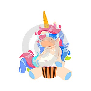 Magic cartoon unicorn. Isolated cute little pony eating popcorn in cinema. Magic hero watch 3d movie in special glasses