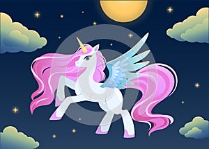 Magic cartoon unicorn pegasus on night sky