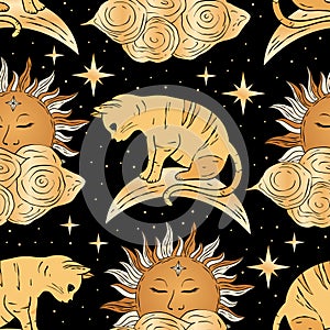 Magic Cat with Sun Moon and Star Celestial Seamless Vector Pattern