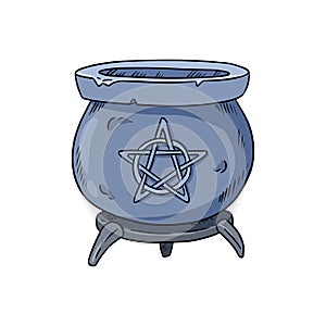 Magic cauldron with pentagram doodle. Hand drawn wiccan design