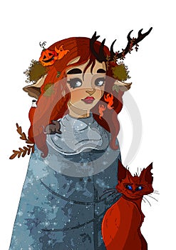 Magic character with red hair and pointed ears in a winter cloak, cute dryad with big eyes and plump lips,