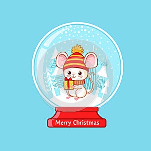 Magic christmas ball with mouse inside on a blue background. Vector illustration on a Christmas theme