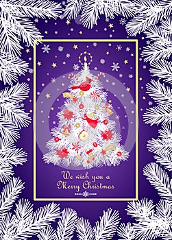 Magic Christmas craft violet card with conifer branches vignette and Xmas tree with red and gold toys for winter holiday greetings