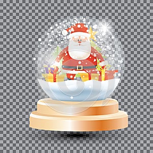 Magic Christmas Crystal Ball with Santa Claus, Gift Boxes and Fir Tree. Glass Souvenir Snow Ball on Transparent Grid
