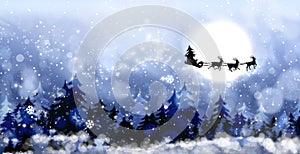 Magic Christmas eve. Reindeers pulling Santa`s sleigh in sky on full moon night, banner design