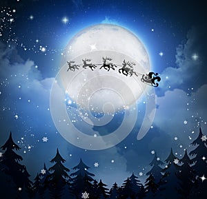Magic Christmas eve. Santa with reindeers flying in sky on full