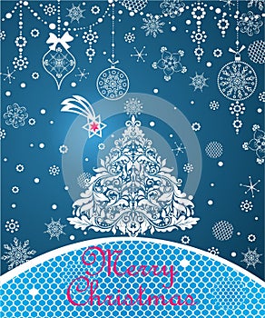 Magic Xmas greeting blue card with paper cutting floral Christmas tree, snowflakes, hanging baubles, lacy decoration and Christmas