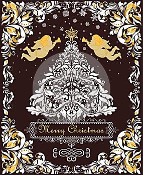 Magic Christmas greeting card with paper cut out floral xmas white tree, gold angels and decorative floral frame