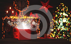 Magic Christmas present at the Christmas tree and fireplace