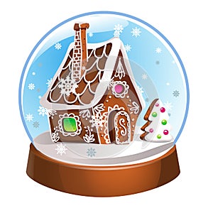 Magic Christmas snow globe illustration. Glass snowglobe gift with small house, winter pine tree and falling snow inside