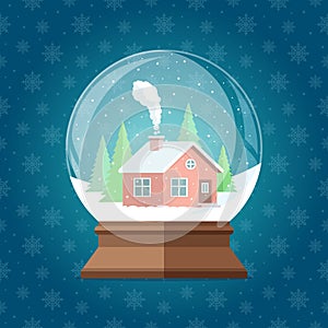 Magic Christmas snow globe vector illustration. Glass snowglobe gift