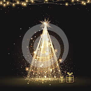 Magic Christmas sparkling bright tree . Gold shiny Christmas tree as symbol of Happy New Year, Merry Christmas holiday