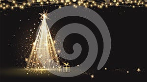 Magic Christmas sparkling bright tree . Gold shiny Christmas tree as symbol of Happy New Year, Merry Christmas holiday celebration