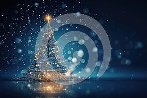 Magic Christmas tree with lights on dark blue background. Holiday card. Copy space