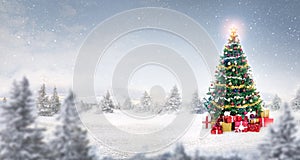 Magic Christmas tree in snow outdoor photo