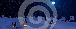 Magic Christmas village. Night sky with snow. Winter festive blue background. Christmas card. Multi-colored garlands