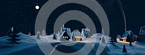 Magic Christmas village. Night sky with snow. Winter festive blue background. Christmas card. Multi-colored garlands