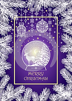 Magic Christmas violet card with conifer branches vignette, glowing globe with reindeer and hanging craft decoration.