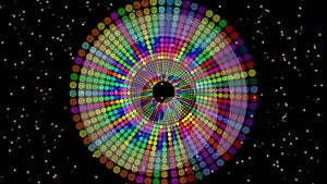 Magic circle composed from rainbow dots, vivid colors on black background with small yellow lights. discotheque element