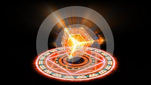Magic circle powerfull red radial energy with double heaven six stars rotating flame power overwhelming cube