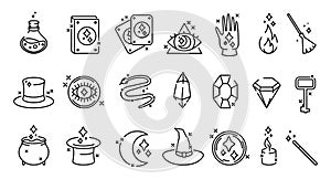 Magic circus icons. Witchcraft line pictograms set. Magician hat. Mirror and wand. Magical trick. Tarot card. Mystery