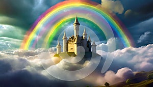 A magic cloud castle under the rainbow