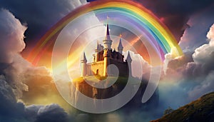 A magic cloud castle under the rainbow