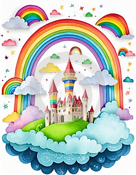 A magic cloud castle under the rainbow