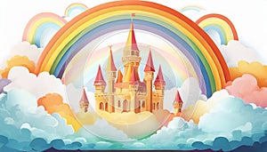 A magic cloud castle under the rainbow