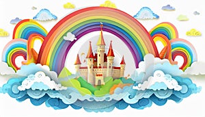 A magic cloud castle under the rainbow