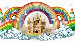 A magic cloud castle under the rainbow