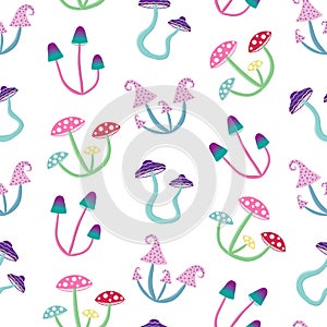 Magic colourful psychedelic mushroom on a white background seamless pattern hippie psilocybin retro vector