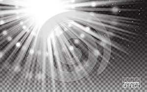 Magic concept. Effect White Rays Light Flare abstract illustration. Realistic Design Elements Isolated Transparent Background.