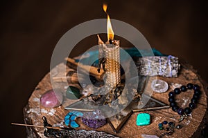 Magic concept. Paganism and wicca rite, altar of witch photo