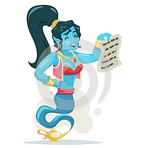 Magic contract arabian cute woman genie turban luck wish lamp smoke beautiful cartoon female character isolated vector