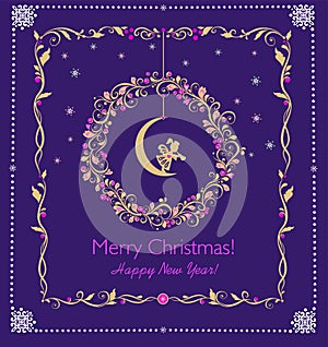 Magic craft navy blue Christmas postcard with decorative hanging gold wreath of mistletoe with pink berries and paper cutting litt