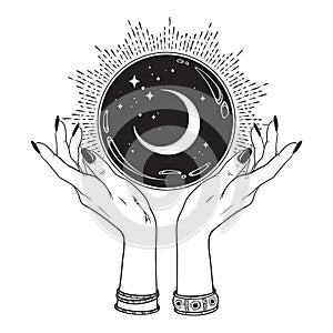 Magic crystal ball with crescent moon and stars in hands of fortune teller line art and dot work. Boho chic tattoo, poster or