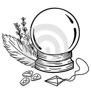 Magic crystal ball for divination. A magic prediction ball with magic things around it. Perfect for tattoos and t-shirts