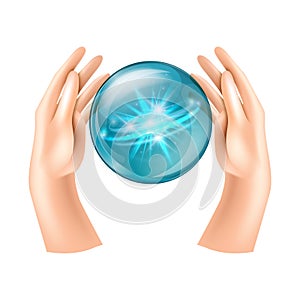 Magic Crystal Ball with female hands isolated on white. Mystic magician symbol