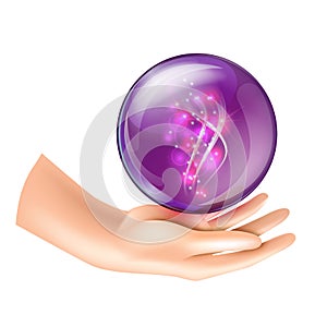 Magic Crystal Ball with female hands isolated on white. Mystic magician symbol