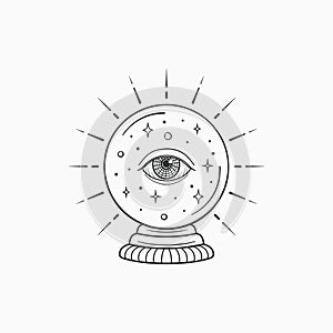 Magic crystal ball future. Witch and magic symbol, monochrome vector illustration, isolated on white background photo