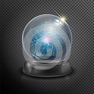 Magic crystal ball of glass and lightning White transparent glass sphere on a stand. Vector shining plasma ball on