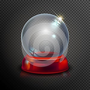 Magic crystal ball of glass and red. Empty snow globe. White transparent glass sphere on a stand. Vector christmas glass