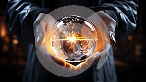 Magic crystal ball in hands of clairvoyant. Concept of predicting future, astrology