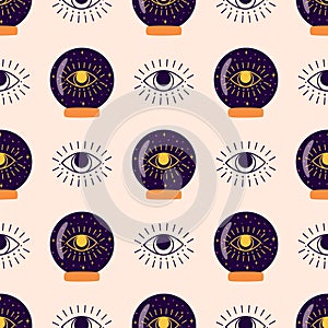 Magic crystal ball pattern, fortune eye. Crystal ball future hand drawn seamless background Esoteric alchemy vector