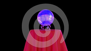 Magic crystal ball on red table, black background, 3D-rendering