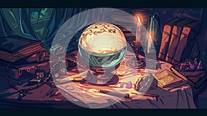 Magic crystal ball on table with old books and candles. Fantasy illustration. photo