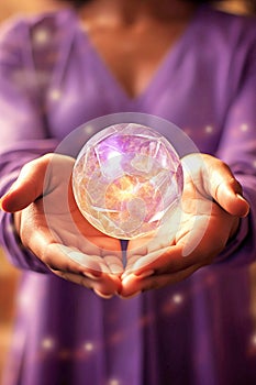 Magic crystal ball on the woman& x27;s hand. the concept of horoscopes and predictions.